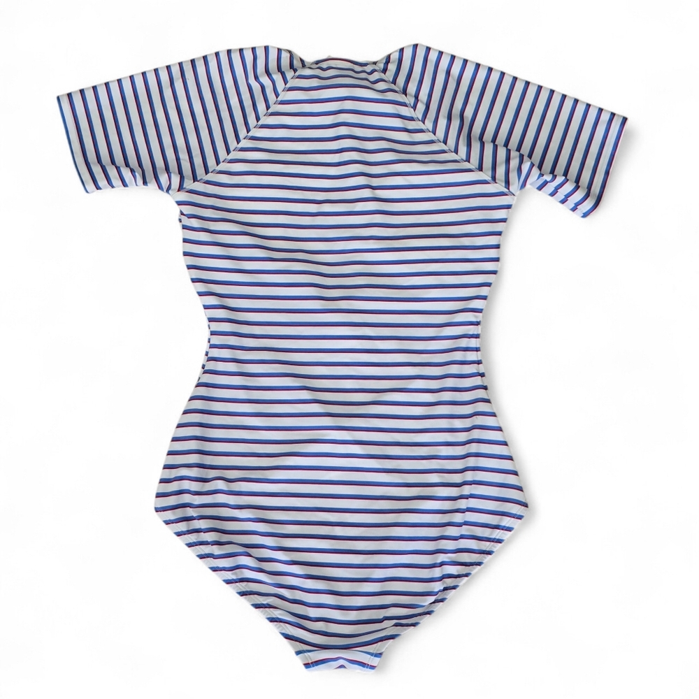 Kona Sol Striped Zip Front Rash Guard Swimsuit One Piece Red White Blue Nautical - Picture 2 of 3